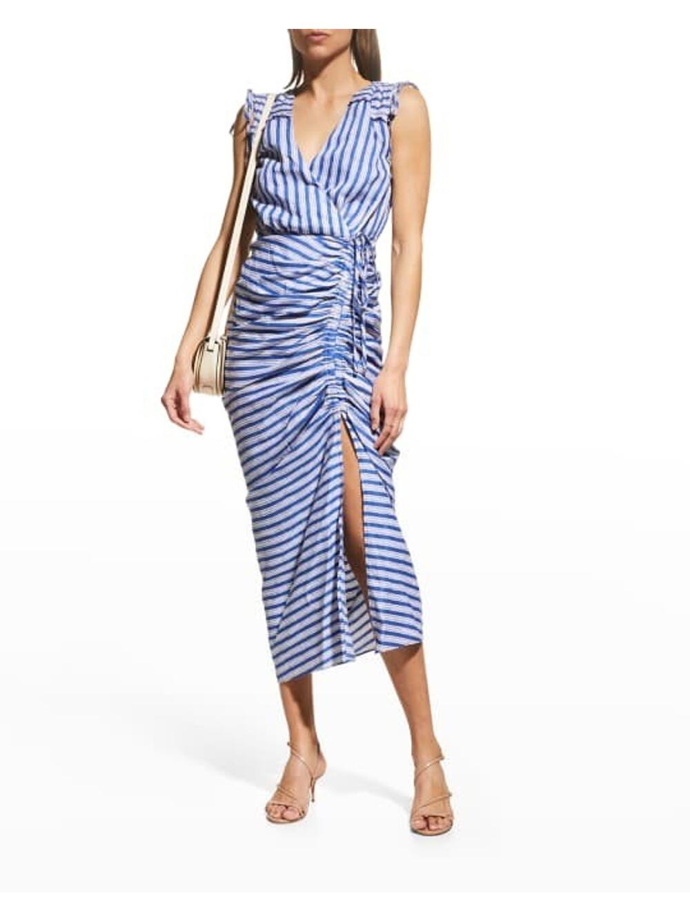 Veronica Beard Teagan Cobalt Blue Stripe Linen Ruched Wrap Midi Dress Sz 4